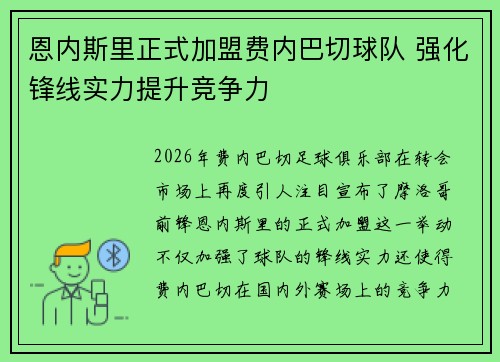 恩内斯里正式加盟费内巴切球队 强化锋线实力提升竞争力